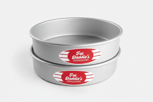 Set of two 8-inch anodized aluminum round cake pans with red Fat Daddio's label