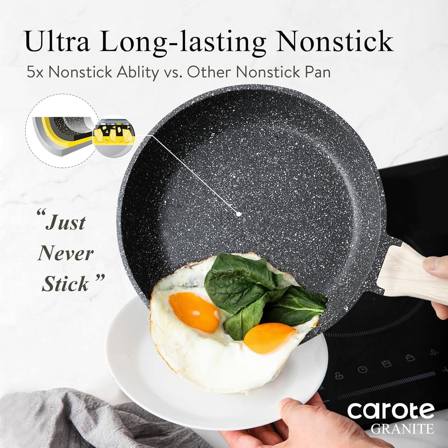 8-inch black granite nonstick frying pan with cooked eggs and spinach sliding onto white plate