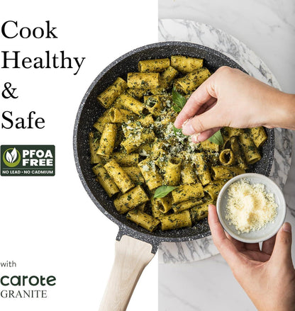 Granite nonstick frying pan with herb pasta topped with grated cheese, healthy and PFOA free skillet