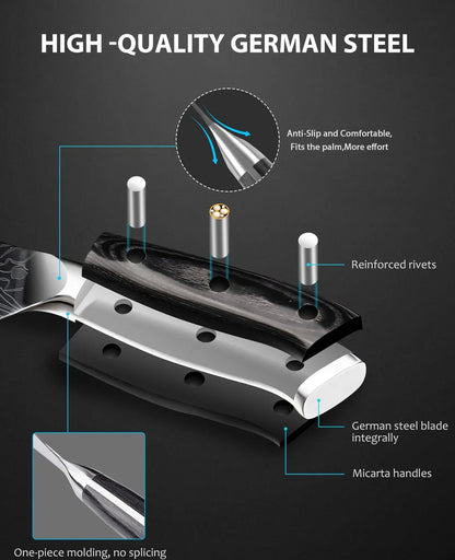 Diagram of 8-inch professional chef knife with German steel blade and Micarta handle details