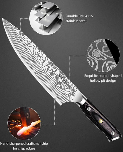 8-inch chef’s knife with damascus pattern, wooden handle, stainless steel, scallop hollow design