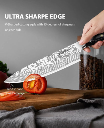 8-inch chef's knife slicing a tomato on wooden cutting board with ultra-sharp patterned blade