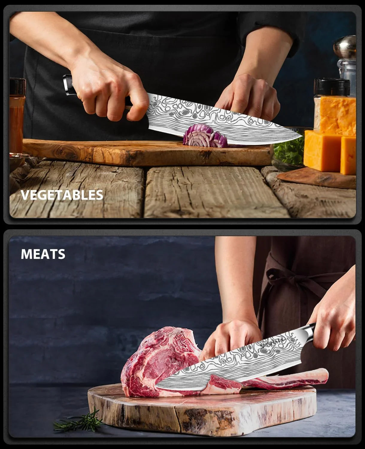 Person using 8-inch professional chef's knife with patterned blade to chop onion and slice raw meat on wooden boards