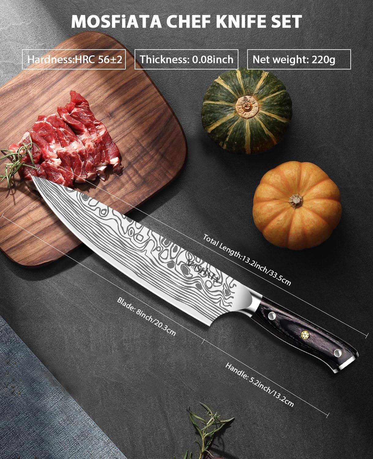 8-inch Damascus chef knife with wooden handle slicing meat on wooden cutting board with two pumpkins nearby