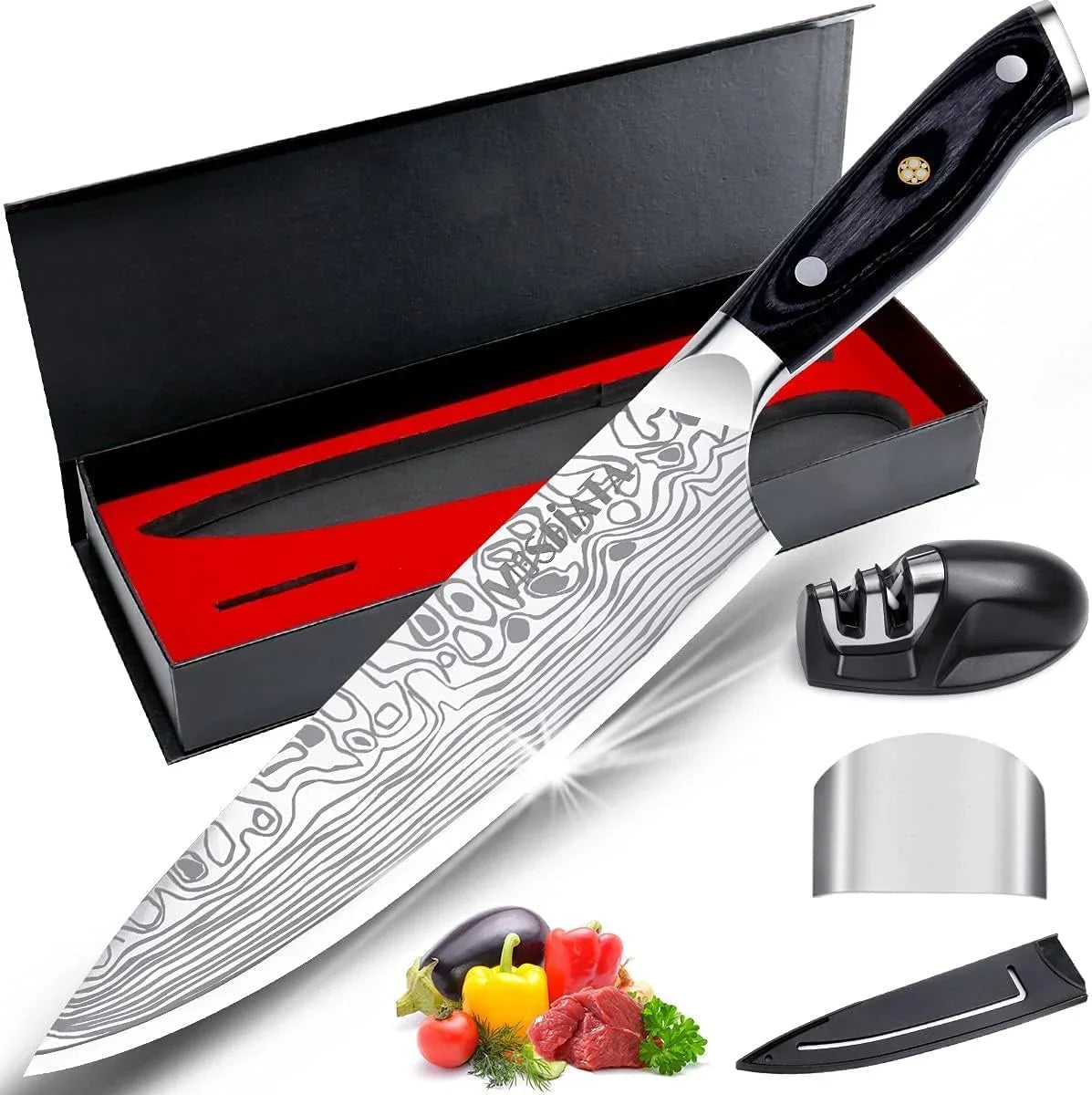 8-inch professional chef's knife with high carbon steel Damascus blade, black handle, and knife sharpener