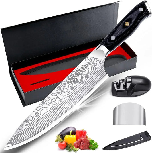 8-inch professional chef's knife with high carbon steel Damascus blade, black handle, and knife sharpener