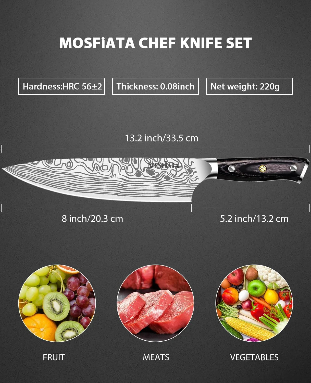 MOSFiATA 8-inch chef knife with Damascus pattern blade and dark wooden handle dimensions and uses