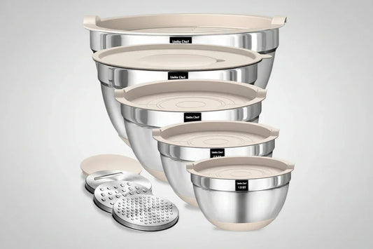 8-piece stainless steel mixing bowls set with beige airtight lids and metal graters
