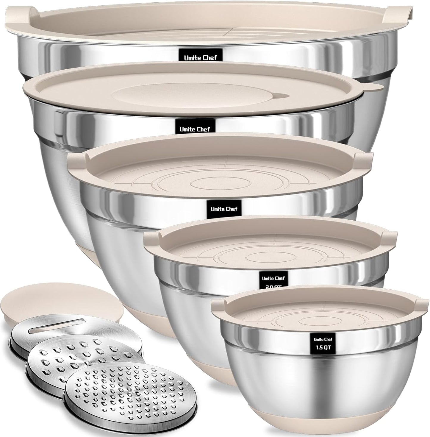 8-piece stainless steel mixing bowl set with airtight lids and grater attachments on a kitchen counter.