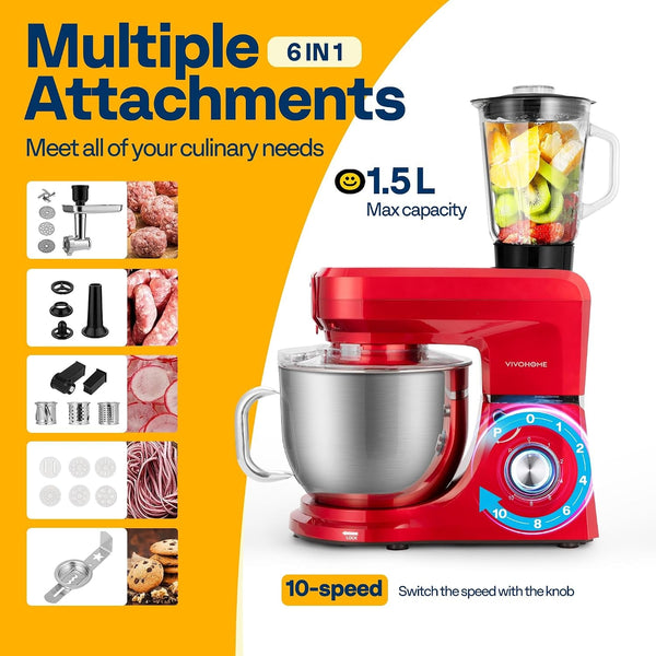 6-In-1 Stand Mixer, 8.5-Quart Tilt-Head Mixer, 10 Speeds, Red | Meat Grinder & Glass Blender Jar, Pasta Maker & Slicer, Stainless Steel Bowl, Dough Hook, Beater, Whisk, Splash Guard5
