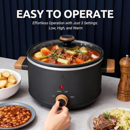 3-Quart Small Electric Slow Cooker, 3 Heat Settings, Manual Dial | Lightweight Aluminum Inner Pot, Easier to Lift than Ceramic Pots, Dishwasher-Safe Pot & Glass Lid, Ideal for 1-2 People3