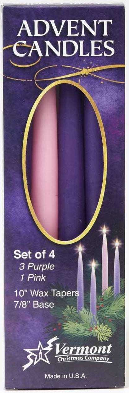 Christmas Advent Candle Set (Set of 4) - Made in the U.S.A. - 10 Inch Wax Taper Candles - 3 Purples Candles & 1 Pink Candle1