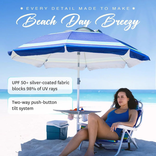 7Ft Heavy Duty High Wind Beach Umbrella with Sand Anchor, Built-In Table Tray Vent Tilt Pole, UPF 50+ Windproof Portable Outdoor Umbrellas Carry Bag for Patio Garden Pool Backyard Stripe4