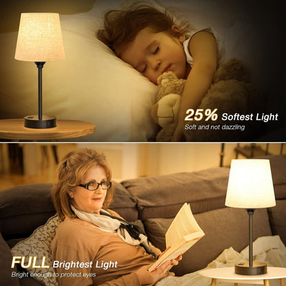 Bedside Table Lamps Set 2 for Bedroom - Dimmable Touch, USB C+A, AC Outlet | 14.5" Mini Lamp, 3-Way Dimmable, LED Bulbs Included, Trapezoid Barrel Fabric Lampshade, Nightstand Light for Guest Room, Kids4
