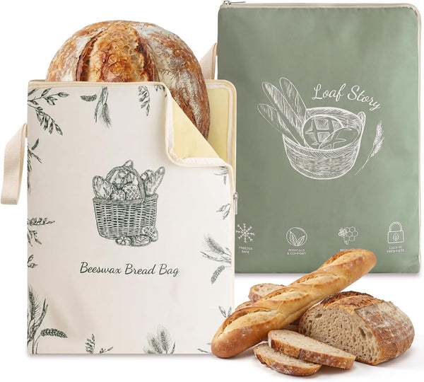 Beeswax Sourdough Bread Bags for Homemade Bread, XL Reusable Bags, 2 Pack | Linen Cotton, Natural Beeswax Lining, Artisan Baking, Breathable Bread Storage, Keeps Crust Crisp and Crumb Soft1