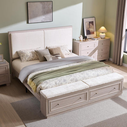 King Bed Frame W/Upholstered Headboard,Storage Bench,White Alder1
