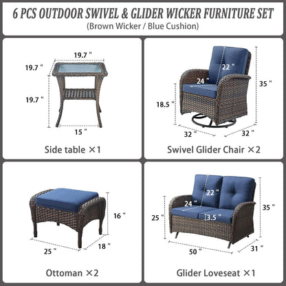 6 Piece Patio Conversation Sets - Wicker Patio Furniture Sets with Outdoor Swivel Rocker Chairs, Glider Loveseat Perfect for Patio Deck Backyard, Brown Wicker Blue Cushion2