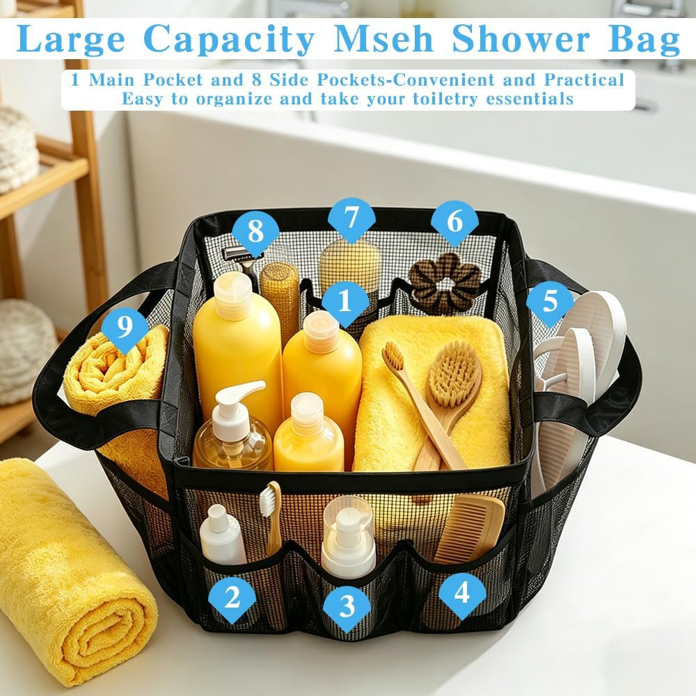 mesh-shower-caddy-portable-black-beach-tote-bag-for-bathroom-dorm-essentials-quick-dry-toiletry-organizer-large-with-2-handles-9-pockets-for-swim-pool-gym-college-camp-travel-women-men-basket-bag
