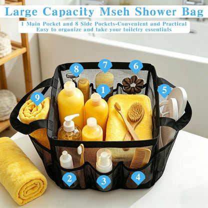 Mesh Shower Caddy, Portable Black Beach Tote Bag for Bathroom Dorm Essentials, Quick Dry Toiletry Organizer Large with 2 Handles 9 Pockets for Swim Pool Gym College Camp Travel Women Men Basket Bag3