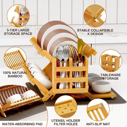 Bamboo Dish Drying Rack with Utensil Holder, 3 Tier Collapsible Dish Rack, Wooden Dish Racks for Kitchen Counter, Large Folding Drying Holder with Absorbent Dish Drying Mat5