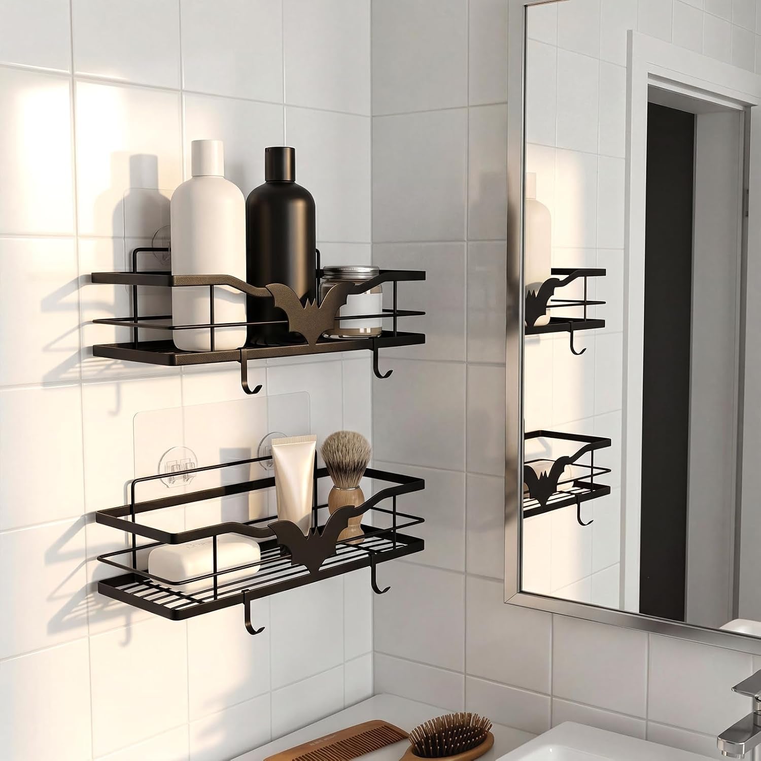 2-pack-black-gothic-bat-shower-caddy-with-4-removable-hooks