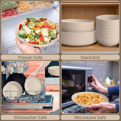 32 Pcs Wheat Straw Dinnerware Set for 8, Cream Reusable Plates and Bowls Set, Microwave Safe Lightweight Unbreakable Dishes Set for Kitchen, Camping, Outdoor, RV4