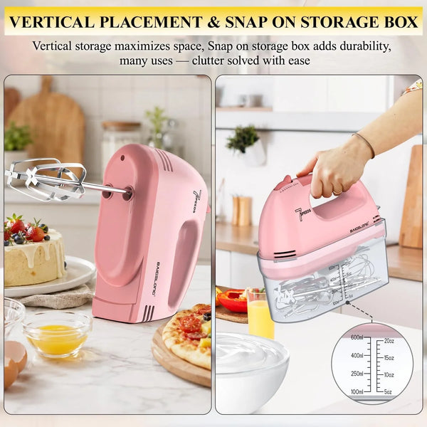 Hand Mixer. 7-Speed Adjustable Kitchen Electric Mixer. with 5 Stainless Steel Attachments: 2 Hooks, 2 Beaters, 1 Whisk. Comes 1 Storage Box. Perfect for Bakers and New Starters. Pink2