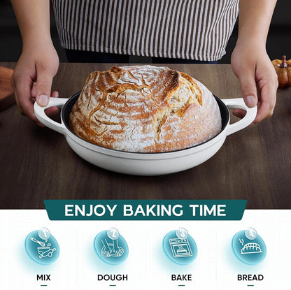 Dutch Oven for Sourdough Bread Baking, 6 Qt round Enameled Cast Iron Dutch Oven for Homemade Artisan Bread, Dome Lid & Shallow Base, Matte Black Interior & Durable, Oven-Safe to 500℉, White5