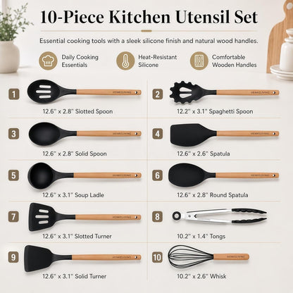 Silicone 10 Pcs Kitchen Cooking Utensils Set, Recycled Materials Certification, BPA Free Spatula Set with Heat Resistant Wood Handles for Nonstick Cookware, Black2