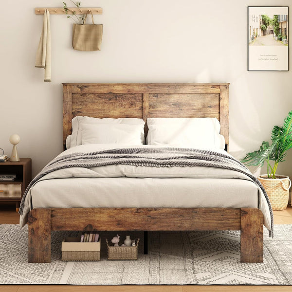Wood Queen Size Bed Frame with Headboard and Footboard, Dark Brown1