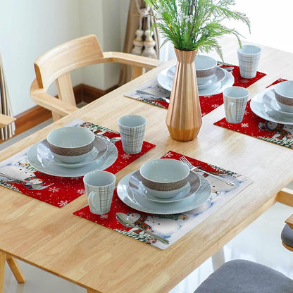 Christmas Snowman Placemats Set of 4, 12X18In Xmas Green Trees Red Birds Linen Place Mat, Winter Snowflakes Heat Resistant Washable Table Mats for Kitchen Dining Seasonal New Year Decor7