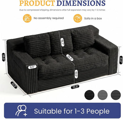 Boneless Couch, Cloud Loveseat Sofa Corduroy Couch in a Box, Upholstered Boneless 3 Seater Couch for Living Room Bedroom Office Apartment, No Assembly Required, Black2