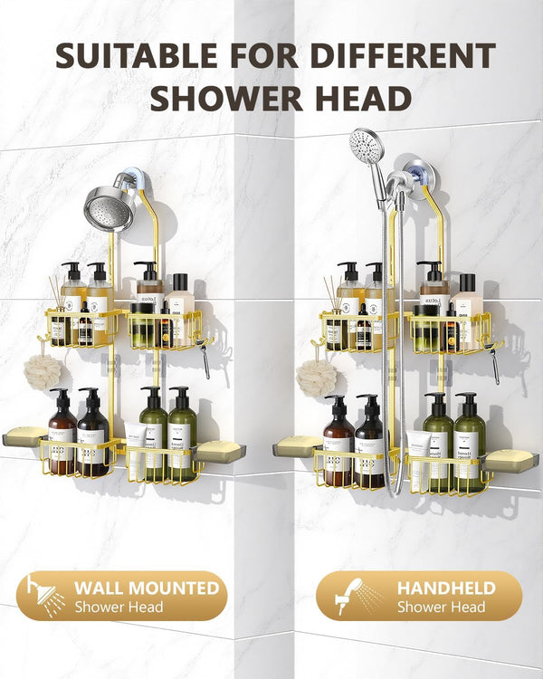 Adjustable Shower Caddy Hanging - Never Rust Shower Organizer Hanging, Aluminum Shower Racks for inside Shower - Bathroom Organizers and Storage with 2 Soap Holders and 2 Removable Hooks Gold2