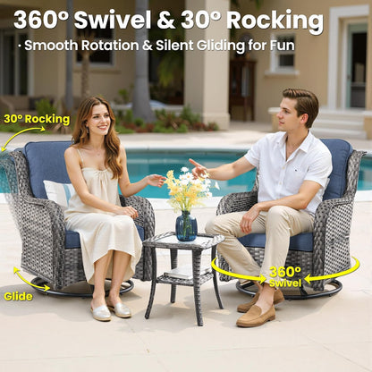 5-Piece Patio Furniture Set with Swivel Chairs Side Table, Outdoor Wicker Sofa with 42" Fire Pit Table, High Back Couch Modern Conversation Sets, Grey Rattan, Denim Blue4