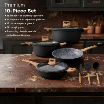 10Pcs Pots and Pans Set Nonstick with Wood Handles, Granite Cookware Set, Frying Pan, Saucepan and 3 Cooking Utensils2