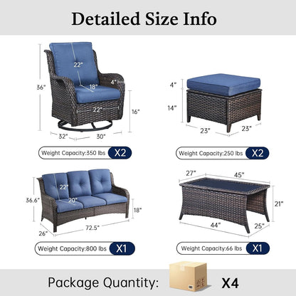 6 Piece High Back Patio Furniture Set - All Weather Patio Conversation Set with 4 Inch Thick Cushions and Deep Seating Swivel Glider Chairs & Outdoor Couch for Porch Deck Yard Pool Brown Blue2
