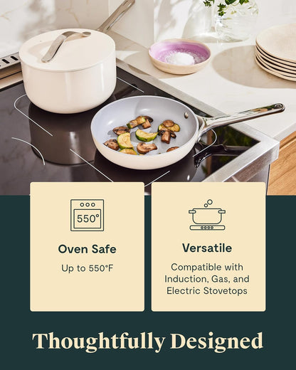 Caraway Non-Stick Ceramic Mini Cookware Set | Ceramic Fry Pan (1.05 Qt, 8") Sauce Pan (1.75 Qt) and Storage Rack, Non Toxic, PTFE & PFOA Free, Cream4