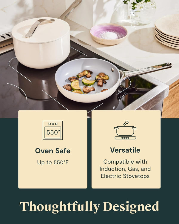 Caraway Non-Stick Ceramic Mini Cookware Set | Ceramic Fry Pan (1.05 Qt, 8") Sauce Pan (1.75 Qt) and Storage Rack, Non Toxic, PTFE & PFOA Free, Cream4
