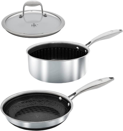 Hell’S Kitchen 3-Piece Hybrid Cookware Starter Set, Tri-Clad Stainless Steel & Pfas-Free Ceramic Nonstick, No PFOA, No PTFE, No Teflon, Non Toxic Cookware, Metal Utensil Safe, All Cooktops & Oven Safe | Tri Clad Stainless Steel, PFAS Free Ceramic Nonstick, No PFOA or PTFE, Metal Utensil Safe, All Cooktops, Oven Safe1
