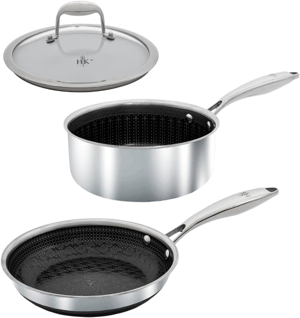 Hell’S Kitchen 3-Piece Hybrid Cookware Starter Set, Tri-Clad Stainless Steel & Pfas-Free Ceramic Nonstick, No PFOA, No PTFE, No Teflon, Non Toxic Cookware, Metal Utensil Safe, All Cooktops & Oven Safe | Tri Clad Stainless Steel, PFAS Free Ceramic Nonstick, No PFOA or PTFE, Metal Utensil Safe, All Cooktops, Oven Safe1