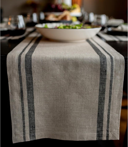 100% Pure Linen Table Runner, 14 X 72 In, Black, French Stripe1