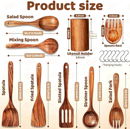 9 Pcs Teak Wooden Utensil Set with Hooks, Wooden Spoons for Cooking, Wood Cooking Utensils Set, Comfort Grip, Non Stick Cookware, Easy to Clean, Kitchen Stuff, Wood Spatula2