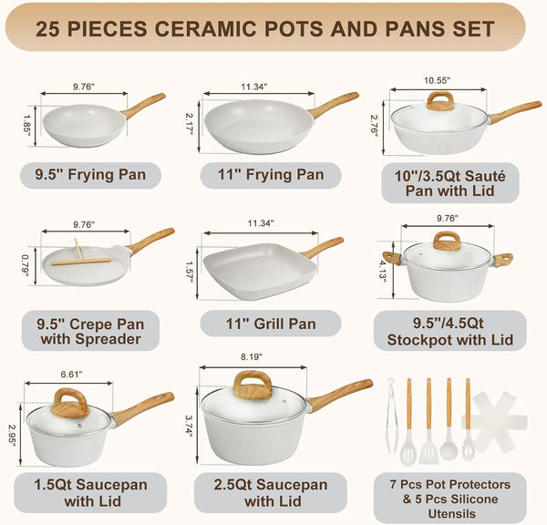 Nonstick Pots and Pans Set, 25-Piece Ceramic Cookware Set, Induction Kitchen Cooking Set with Frying Pans Saucepans & Utensils, Healthy Non-Toxic, PFAS/PTFE/PFOA Free, White2