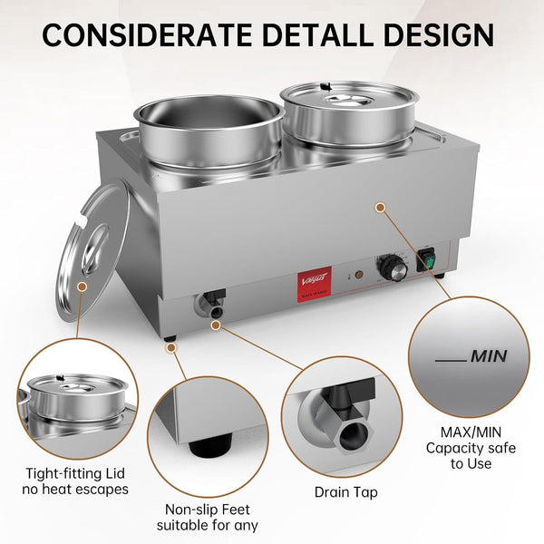 Commercial Stainless Steel Bain Marie Food Warmer 2 round Pots | 1200W, Adjustable Heat Control (95℉-185℉), Electric Soup Warmer with Lid and Tap for Home, Catering, Buffet6