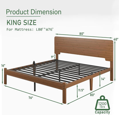 14" King Size Bamboo Wood Platform Bed Frame with Headboard, Brown2