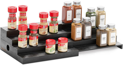 Bamboo Spice Rack Organizer for Cabinet, Kitchen Pantry Spices Storage Rack for Cabinets Organization, Home Seasoning Tiered Can Goods Racks Wood Shelf Organizers (4 Tier, Black)1