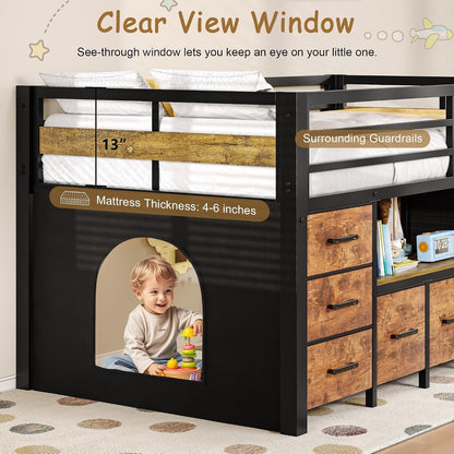 Low Loft Bed Twin Size with 8 Storage Drawers, Twin Loft Bed with Bookcase, Metal Kids Loft Bed with 13" H Safety Guardrail, Under-Bed Play Space and Play Curtain for Kids, Rustic Brown7