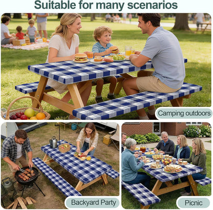 Picnic Table Cover with Bench Covers Camping Essentials Waterproof Windproof Camping Tablecloth with Drawstring Bag, Fitted Rectangle Tables and Seats, 72In, Blue Checkered7