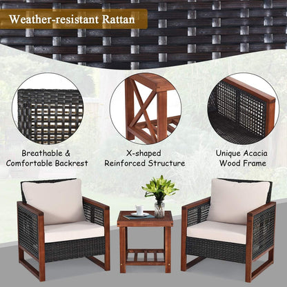 3 Pieces Patio Wicker Furniture Set, Rattan Outdoor Sofa Set W/Washable Cushion & Acacia Wood Coffee Table, Conversation Bistro Set for Garden Balcony Backyard (Beige)8