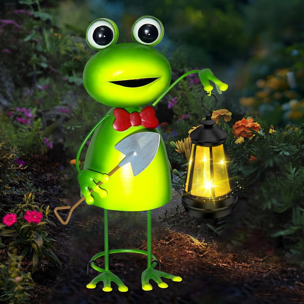 Solar Garden Lights 13.78In Tall Metal Frog Statue with Solar Lantern Decor3